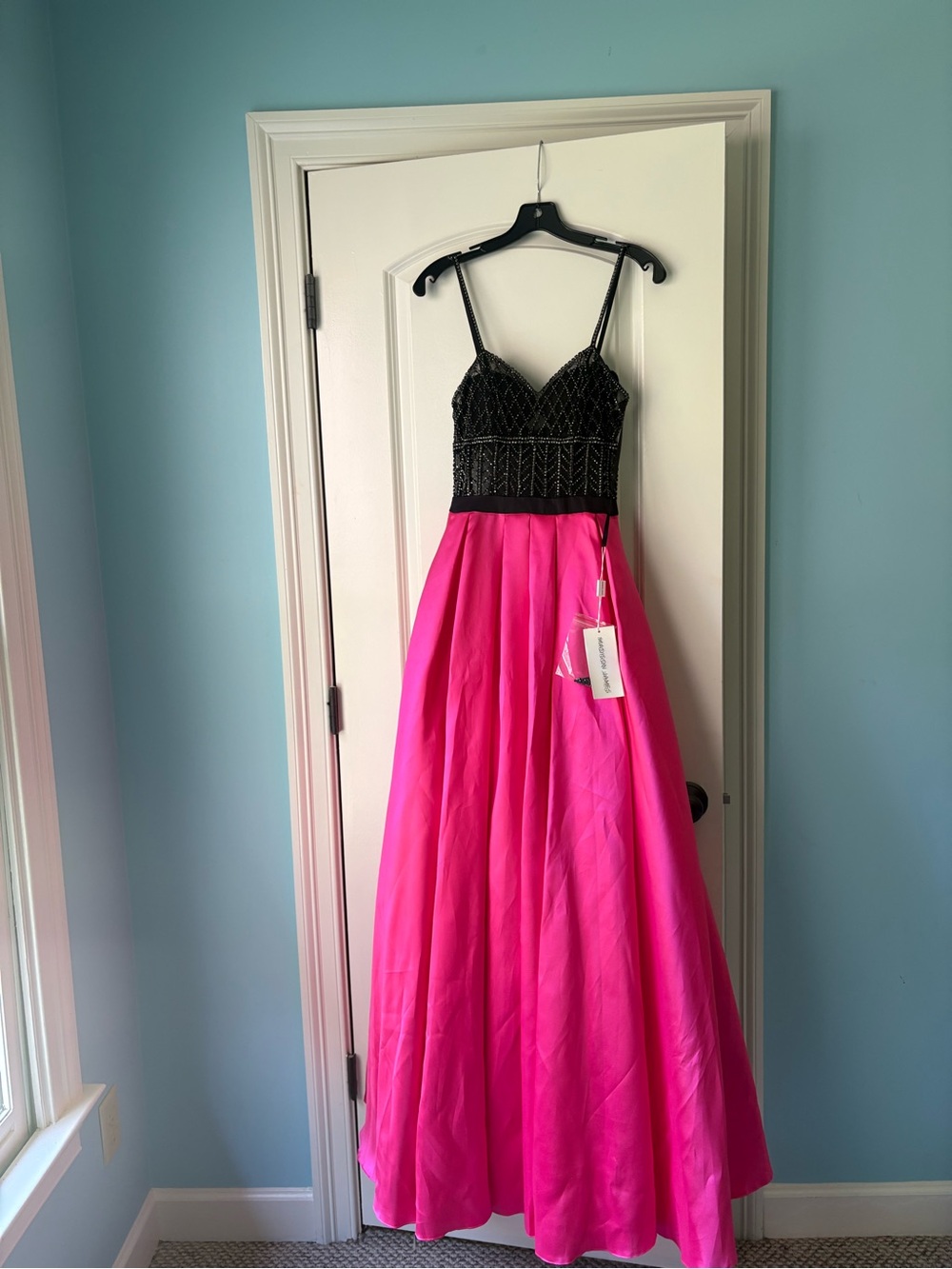 madison james Black Beaded Bodice with Hot Pink Ballgown Skirt